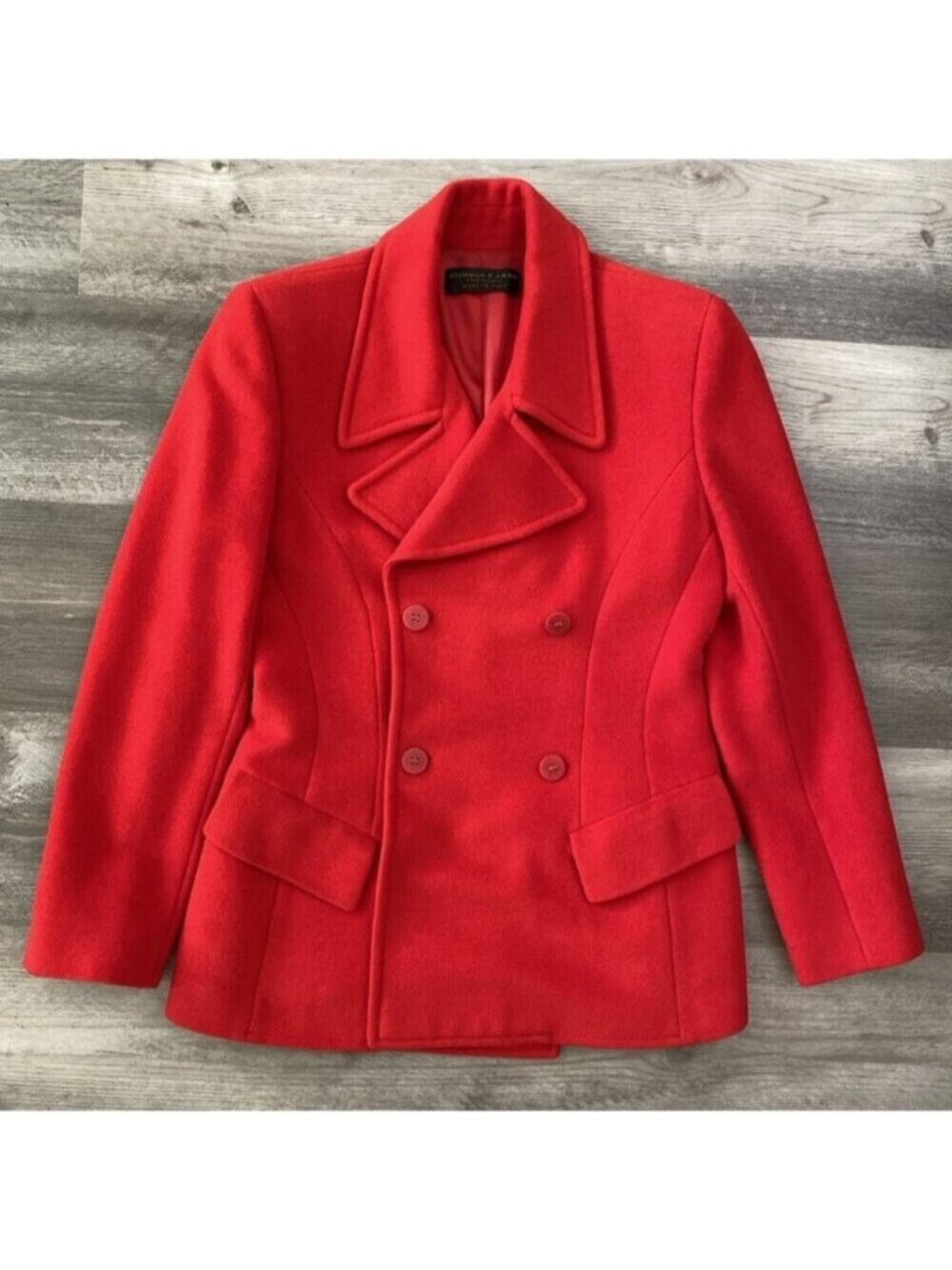Donna Karan Essentials Italian Pea Coat Angora Wool Red Double Breasted Preppy 6
